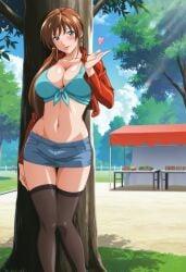 1girls against_tree ai_generated arm_support bible_black bible_black_new_testament big_breasts blonde_hair blowing_kiss breasts cleavage cowboy_shot crop_top denim earrings enigmata female female_only flirting flirting_with_viewer food_stand front_view heart huge_breasts imari_kurumi inviting_to_sex jacket lipstick makeup midriff naughty_face no_bra no_bra_under_clothes no_panties no_panties_under_skirt offering offering_to_viewer outdoors panties pinup ponytail prostitute prostitution red_jacket revealing_clothes seductive seductive_eyes seductive_look seductive_smile shin_bible_black side_ponytail skimpy skimpy_clothes skirt solo spoken_heart stockings tied_hair tree undershirt viewed_from_below voluptuous white_shirt