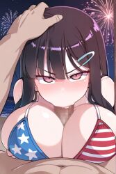 ai_generated beach bikini black_hair blowjob female female_only huge_breasts long_hair nozomi_(akitokage01) penis schoolgirl tsundere