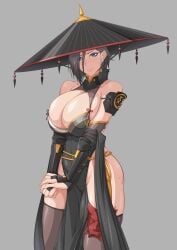 action_taimanin ass bare_hips bare_shoulders blue_eyes blush breasts bridal_gauntlets cleavage cleavage_cutout hat highres huge_breasts japanese_clothes large_hat momochi_nagi ozaneko pelvic_curtain taimanin_(series) thighhighs thighs