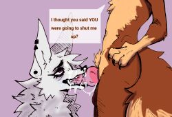 anthro big_ears big_tail bodily_fluids brown_body brown_fur canid canine canis coyote cum cum_on_face duo earpiece english_text faceless_character faceless_male fellatio female female_penetrated fur genital_fluids genitals hi_res intersex_(lore) jaba_(jabacoyote) jabacoyote jackal knot knotted_penis looking_pleasured male male/female male_penetrating male_penetrating_female mammal oral oral_penetration penetration penile penile_penetration penis penis_in_mouth sex simple_background speech_bubble tail text tht_(tht) white_body white_fur