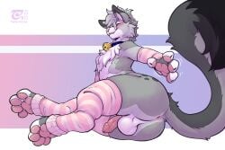 2026 3:2 absurd_res animal_genitalia anthro anus armwear balls bell bell_collar biped blue_collar blush butt butt_focus claw_slits clothed clothed_anthro clothed_male clothing collar digital_media_(artwork) dipstick_ears dipstick_fingers dipstick_tail dipstick_toes domestic_cat ear_markings erection eyes_closed eyewear feet felid feline felis femboy foot_focus fur genitals glasses gold_bell grey_body hair hi_res legwear lying male male_anthro mammal markings mostly_nude mostly_nude_anthro mostly_nude_male motion_lines multicolored_body multicolored_ears multicolored_fur nixuelle on_side pattern_armwear pattern_clothing pattern_legwear pawpads paws penile_spines penis pink_nose pink_stripes presenting presenting_hindquarters raised_tail rear_view round_glasses sheath shy simple_background solo spots spotted_markings striped_armwear striped_clothing striped_legwear stripes tail tail_markings teasing teasing_viewer teeth thesecretcave thick_thighs tuft warmers_only white_body white_fur