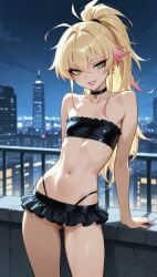 1girls ai_generated athletic athletic_female bare_shoulders black_skirt black_topwear blonde blonde_female blonde_hair blonde_hair_female brat bratty choker city city_background clothed clothed_female clothing collarbone commentary_request confident earrings eyelashes female female_focus flat_chest flat_chested frilled_skirt frills gradient_hair green_eyes hair hips leaning lia_the_busty_redhead lipstick long_eyelashes makeup microskirt midriff miniskirt multicolored_hair night original original_character outdoors outside petite petite_body petite_female pink_hair_tips ponytail seductive seductive_look seductive_pose seductive_smile self_upload skinny skirt slutty_female small_breasts smile smiling smiling_at_viewer solo_female standing strapless tagme thighs thong thong_straps tight_clothing topwear tubetop