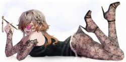 1girl 1girls ass black_dress brown_eyes brown_hair female female_only full_body fully_clothed glasses high_heels inviting klara_charmwood lipstick maid_outfit nijisanji nijisanji_en pink_lens pipe simple_background smoke smoking stockings stockings_thigh_highs suggestive tobacco virtual_youtuber white_background