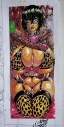 animal_print bbc big_breasts big_penis black_hair brown_skin green_pubic_hair lingerie maxcet_tigers ntr short_hair traditional_media_(artwork) white_pubic_hair