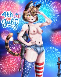 4th_of_july american american_flag american_flag_legwear american_flag_print black_ears black_nail_polish black_nails blush blushing breasts breasts_out brown_eyes brown_hair exposed_breasts exposed_nipples fireworks fluffy_ears hand_on_hip happy holidays joey_wolf looking_at_viewer luna_(joey_wolf) military_salute night_sky nipple_piercing nipples_exposed nipples_outside one_eye_closed pink_nipples rifle rifle_on_shoulder short_hair shorts tiger tiger_ears tiger_tail topless topless_female weapon weapon_on_shoulder weapon_over_shoulder winking_at_viewer