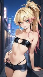 1girls ai_generated arm_support athletic athletic_female bare_shoulders black_topwear blonde blonde_female blonde_hair blonde_hair_female boob_window brat bratty choker city city_background clothed clothed_female clothing collarbone commentary_request confident earrings eyelashes female female_focus flat_chest flat_chested gradient_hair green_eyes hair hand_on_hip head_tilt hotpants inner_sideboob jeans_shorts leaning lia_the_busty_redhead lipstick long_eyelashes makeup midriff multicolored_hair nail_polish night original original_character outdoors outside painted_nails petite petite_body petite_female pink_hair_tips ponytail seductive seductive_look seductive_smile self_upload shorts skinny slutty_female small_breasts smile smiling smiling_at_viewer smirk solo_female standing strapless tagme thighs thong thong_straps tight_clothing topwear tubetop