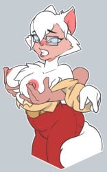 anthro breast_grab cat_ears cat_tail catgirl cats_don't_dance clothed disembodied_hands feline female furry glasses large_breasts large_thighs partially_clothed pose sawyer_(cats_don't_dance) surprised taken_from_behind white_fur windstand