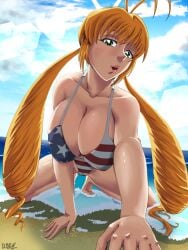 1girls all_fours american_flag american_flag_bikini american_flag_print arm_support artist_name beach bent_over big_breasts bikini blonde_hair breasts busty cameltoe cleavage covered_nipples drill_hair feet female female_only flag_print flag_print_bikini green_eyes highres large_breasts legs looking_at_viewer low_twintails monica_adenauer open_mouth partially_visible_vulva pink_lips pose posing print_bikini seductive_look seductive_smile sensual sexy sexy_pose smile solo swimsuit teeth thighs tongue twintails voluptuous water yakitate!!_japan