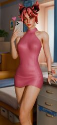 1girls 3d 3d_(artwork) blender blush blushing clothed clothing dress epic_games female female_focus female_only fortnite fortnite:_battle_royale freckled_face freckles freckles_on_face hi_res high_quality high_resolution highres jade_(fortnite) light-skinned_female light_skin loams3d pink_dress pink_hair selfie smile smiling standing watermark