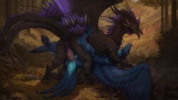 16:9 anal anal_penetration anus azerith black_body black_claws black_fur black_horn black_pawpads blue_body blue_fur claws dragon duo feathered_wings feathers feral fur furred_dragon furred_scalie genitals hi_res horn male male/male mythological_creature mythological_scalie mythology pawpads penetration penis pink_anus pink_penis scalie veoros vraeryn widescreen wings