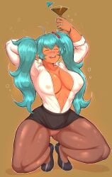 1girls 2026 2d alternate_version_available aqua_hair aqua_hair_female big_breasts blush blushing blushing_female brazilian_miku breasts business_attire cleavage commission drunk drunk_female earrings hatsune_miku hi_res hourglass_figure hourglass_figured_female latin_american_hatsune_miku_(meme) long_hair long_hair_female martini nipples_visible_through_clothing open_mouth partially_open_shirt shirt simple_background skirt solo squatting stockings tan_skin tanned_female thick_thighs thighhighs tight_clothing tight_skirt twintails villainsaibot vocaloid