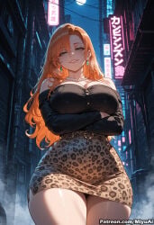 1girl ai_assisted ai_generated arm_under_breasts arms_under_breasts atom_eve bangs bare_shoulders blonde_hair blush breast_hold breasts building city cleavage collarbone crossed_arms curvaceous curvy curvy_female curvy_figure earrings eyebrows_visible_through_hair female green_eyes grin invincible jewelry large_breasts leopard_print long_hair looking_at_viewer miyuai necklace night night_sky orange_hair skirt smile solo thick thick_ass thick_butt thick_hips thick_legs thick_thighs thighs voluptuous voluptuous_female wide_hips wide_thighs