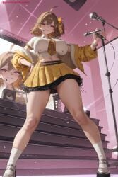 1girl ahoge ai_generated anis_(nikke) bangs blush bracelet breasts brown_hair earrings from_below goddess_of_victory:_nikke hi_res high_quality high_resolution jacket jewelry kiraamane large_breasts looking_at_viewer microphone midriff navel patreon seductive sexy shoes short_hair skirt smile uncensored watermark wristband
