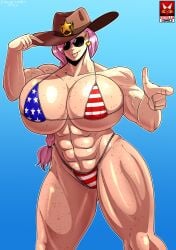 4th_of_july abs american_flag_bikini big_breasts blue_background broad_shoulders buff_female cowboy_hat female_only finger_gun gradient_background hand_on_hat heart_earrings huge_breasts muscular_female muscular_thighs oc original original_character pink_(mrestella) pink_hair plump_breasts ponytail sexy_female shiny_breasts six_pack skimpy_bikini skimpy_clothes sunglasses tipping_hat tongue_out watermark