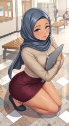 1girl 1girls ai_assisted ai_generated arabian beautiful blue_eyes college college_girl college_student female female_focus female_only hijab hijabi laptop middle_eastern middle_eastern_female necklace on_knees pencil_skirt student tanned tanned_female tanned_skin turtleneck turtleneck_sweater