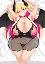 1girls areolae armpits arms_up babydoll bed big_areola big_breasts blonde_hair blush boobs commission curvy demon demon_girl demon_horns duel_monster ear_piercing embarrassed female female_only heart heart_earrings hi_res hips huge_breasts konami lacrima_the_crimson_tears lacrima_the_scarlet_sorrow large_breasts light_skin lingerie long_hair lying lying_on_bed multicolored_hair navel nipples onli720 open_mouth panties pointy_ears pose red_eyes red_hair solo teeth thick_thighs thighs transparent_background twintails underwear voluptuous wings younger_female yu-gi-oh!