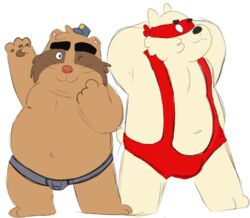 2017 alice_detective_bureau anthro bear belly clothing duo hat inspector_arai male male_only mammal moobs navel one_eye_closed overweight overweight_male penis procyonid raccoon simple_background underwear white_background wink