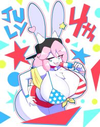 1980s_theme 2022 4th_of_july absurd_res american_flag_bikini anthro bell bell_collar big_breasts bikini bikini_top bomb_pop bottomwear bracelet breast_implants breasts busty_boy_(lore) chest_tuft clothed clothed_anthro clothing collar colorful_theme curvy_figure digital_media_(artwork) ear_piercing ear_ring eyebrow_through_hair eyebrows female flag_bikini food hair hi_res holidays hotpants huge_breasts jewelry lagomorph leporid licking_popsicle looking_at_viewer male_(lore) mallkin mammal memphis_design pb_(theycallhimcake) piercing pink_hair popsicle rabbit ring_piercing shirt shorts solo swimwear text theycallhimcake tied_shirt topwear translucent translucent_hair tuft two-piece_swimsuit united_states_of_america voluptuous voluptuous_anthro voluptuous_male