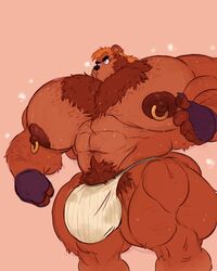 abs anthro areola barazoku bear biceps big_bulge big_pecs blonde_hair body_hair brown_fur bulge chest_hair chest_tuft claws clothed clothing digital_media_(artwork) dirtyyeen fingerless_gloves flat_colors fur gloves hair hi_res huge_bulge huge_pecs hyper hyper_bulge hyper_muscles hyper_nipples hyper_pecs male male_only mammal mane mezcal muscular muscular_male navel nipple_piercing nipples pecs piercing pubes quads sharp_claws shoegaze. simple_background skimpy solo standing sweat thick_thighs topless tuft underwear