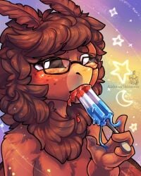 4:5 4_fingers anthro arthropod artist_request blush bomb_pop danny_(m0ffedup) embarrassed eyewear fingers food fur gesture hair hi_res insect lepidopteran looking_at_viewer male melting_ice_cream moth popsicle simple_background solo suggestive suggestive_gesture wings