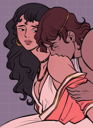 ariadne_(greek_mythology) black_hair brunette brunette_hair clothed greek_mythology jewelry kissing kissing_shoulder looking_back looking_back_at_partner minoan romantic sexual sexually_suggestive sexy suggestive taking_off_clothes tan_skin theseus_(greek_mythology) tired_eyes