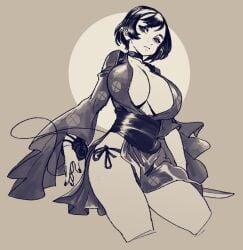 big_breasts black_and_white breasts busty busty_female cleavage commission deep_cleavage female female_only huge_breasts kimono kurenai_(red_ninja) large_breasts monochrome no_bra red_ninja solo solo_female tagme_(artist) thick_thighs thighs