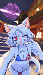 american_flag_bikini anthro bikini bulge cat_ears cat_tail feline femboy fireworks fourth_of_july looking_at_viewer posing robo_(robosylveon) robonya_(artist) selfie solo solo_male tagme tongue_out white_fur white_hair wide_hips winking_at_viewer