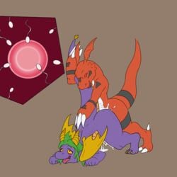 crossover cum cum_in_pussy cum_inside cum_on_ground digimon dragon female genderswap guilmon highres impregnation male ovum scalie spyro spyro_the_dragon straight theoryofstrings