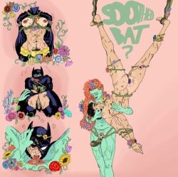 abs batgirl_(cassandra_cain) black_hair cassandra_cain dc dc_comics female_only femdom femsub muscular_female pamela_isley poison_ivy pubic_hair red_hair scar scars_all_over yuri