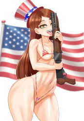 1girls bikini bikini_bottom bikini_top braces brown_eyes brown_hair dogiflan flag flag_bikini flag_print gravity_falls gun independence_day july_(month) mabel_pines micro_bikini shotgun