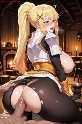 1boy 1girl ai_generated anus armor ass blonde_hair blue_eyes blush bodysuit braid breasts breasts_outside censored clothed_female_nude_male clothed_sex darkness_(konosuba) gloves hair_ornament heart-shaped_pupils hetero hi_res high_quality high_resolution kiraamane kono_subarashii_sekai_ni_shukufuku_wo! long_hair nipples nude open_mouth patreon penis ponytail pussy seductive sex sex_from_behind sexy shoulder_armor solo_focus symbol-shaped_pupils torn_bodysuit torn_clothes uncensored vaginal watermark