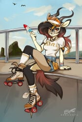 2020 2:3 5_fingers aglet ambient_bird ambient_silhouette antelope anthro arm_support avian bird bomb_pop bottomwear bovid breasts calf_socks clothing crossed_legs day denim denim_bottomwear denim_clothing denim_shorts detailed_background digital_media_(artwork) dragonfu extreme_sports eyebrows eyelashes fanny_pack female fingers flowing_hair food footwear glistening glistening_clothing glistening_hat glistening_headgear glistening_headwear gradient_hair grin group hair hat headgear headwear heart_clothing heart_footwear heart_print heart_symbol hi_res high-top_quad_skates horn hotpants layered_heart legwear light mammal markings matching_outfit on_concrete on_ground outdoor_skate_park outside pattern_clothing pattern_footwear pattern_legwear pattern_socks plantar_flexion popsicle pose print_clothing print_footwear print_shirt print_topwear quad_skates rail rolled_socks roller_skates shadow shirt shoelaces shoelaces_untied shoes shorts silhouette sitting sitting_on_tail skate_park sky small_waist smile socks solo_focus striped_clothing striped_footwear striped_socks striped_wristband stripes sunlight t-shirt tan_clothing tan_footwear text text_on_clothing text_on_shirt text_on_topwear text_print topwear trio visor_cap wavy_hair white_clothing white_footwear white_legwear white_shirt white_socks white_topwear wristband zahra_(airheart)