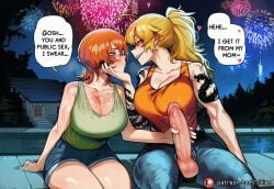 2girls ai_generated blonde_hair breasts cleavage denim denim_shorts english_text erection futa_with_female futanari large_breasts multiple_girls night orange_hair pants_around_ankles penis rwby shorts speech_bubble tank_top tattoo tillian tilly_(tillian) yang_xiao_long