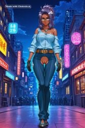 1girl ai_assisted ai_generated armor bare_shoulders belt black_bodysuit blue_pants blue_shirt city cityscape clouds cowboy_shot crotchless curvy dark_skinned_female dark_theme detailed_pussy elbow_gloves fishnets full_body glasses gloves hair_ornament high_contrast kagami_hirotaka koukawa_oboro long_hair long_sleeves looking_at_viewer makeup necklace neon_lights night night_sky outdoors ponytail purple_eyes purple_hair soft_shading standing taimanin_asagi_zero taimanin_suit thigh_gap violet visible_pussy wristwatch
