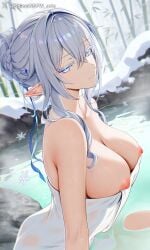 1girls ai_generated blue_eyes breasts genshin_impact looking_at_viewer nipples onsen shineinsfw smile solo tsaritsa_(genshin_impact) uncensored wet white_hair