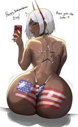 1girls aelion_draws american_flag american_flag_bikini ass big_ass bikini bubble_butt cellphone curvy dark-skinned_female dark_skin earrings english_text fat_ass female female_only from_behind hi_res highres holding_cellphone horns huge_ass large_ass looking_at_viewer looking_back nail_polish original original_character red_nails short_hair solo solo_female swimsuit thick thong_bikini voluptuous white_hair wide_hips