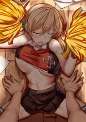 1boy anchor_hair_ornament areolae bangs bed_sheet belko black_legwear black_skirt blonde_hair blush breasts cheerleader closed_eyes clothed_sex clothes_writing crop_top eyebrows_visible_through_hair facing_viewer female groin hair_between_eyes hair_ornament heavy_breathing highres kantai_collection large_breasts lolicept long_hair low_twintails lying midriff muscle navel on_back on_floor open_mouth pleated_skirt pom_poms pov prinz_eugen_(kantai_collection) sex sidelocks skirt solo_focus stomach straight sweat thighhighs thighs twintails