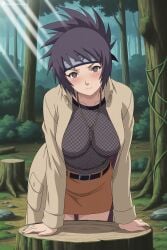 1girl ai_generated anko_mitarashi arm_support artist_name belt between_breasts black_hair blush breasts brown_eyes brown_skirt closed_mouth coat collarbone covered_nipples cowboy_shot day digitalwaifugallery fishnet_top fishnets forehead_protector forest headband hi_res high_quality high_resolution jacket jewelry konohagakure_symbol large_breasts leaning_forward light_rays long_sleeves looking_at_viewer miniskirt naruto nature necklace nipples open_clothes open_coat outdoors patreon plant rock seductive sexy short_hair skirt solo standing sunbeam sunlight tree tree_stump uncensored watermark