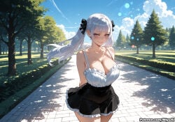 1girl ai_assisted ai_generated arms_behind_back bangs bare_shoulders black_clover black_ribbon black_skirt blue_sky blush breasts cleavage cloud collarbone curvaceous curvy curvy_female curvy_figure day dress eyebrows_visible_through_hair female frilled_dress frilled_skirt frills hair_ribbon large_breasts leaning_forward lens_flare long_hair looking_at_viewer miyuai noelle_silva outdoors purple_eyes ribbon silver_hair skirt sky sleeveless smile solo sunlight thick thick_ass thick_butt thick_hips thick_legs thick_thighs tree twintails voluptuous voluptuous_female water wide_hips wide_thighs