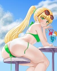 1girls alternate_hairstyle anus anus_peek arm_support ass big_ass big_breasts bikini blonde_hair blush breasts busty butt_crack drin fat_ass female female_only green_bikini green_eyes hand_on_face hand_on_own_face heanna_sumire highres huge_ass large_breasts legs long_hair looking_at_viewer looking_back love_live! love_live!_superstar!! ponytail sensual sexy sideboob sitting smile solo sunglasses_on_head swimsuit thighs untied_bikini_bottom very_long_hair voluptuous wardrobe_malfunction
