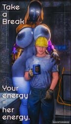 boobs construction_worker faceless_character faceless_female half_naked hoodie male male/female maxsterbrge monster_girl robot robot_girl shirt taller_female text