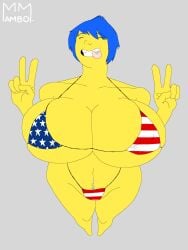 1girl 1girls 4th_of_july american_flag_bikini big_boobs big_breasts bikini blue_hair boob_focus boobs breast_focus breasts happy_female happy_trail huge_breasts inside_out inside_out_2 joy_(inside_out) mambo_master peace_sign short_hair smile smiling tongue tongue_out yellow_body