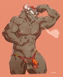 abs bebebebebe bovine clothing flexing grin gyumao half-erect horn male male_only mammal muscular muscular_male pecs penis smile speedo swimsuit tokyo_afterschool_summoners tototoilet translucent