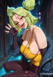 1girl ai_generated artist_name bandaid bandaid_on_face bare_shoulders belt black_pants blue_jacket breasts brown_pants cleavage covered_nipples elbow_gloves fellatio_gesture fingerless_gloves futarush gloves green_hair half-closed_eyes handjob_gesture jacket large_breasts league_of_legends looking_at_viewer naughty_face nipples open_clothes open_jacket open_mouth pants patreon patreon_username riot_games saliva see-through sitting soaking_feet solo sultryspark tank_top teeth tongue tongue_out twintails upper_teeth_only yellow_tank_top zeri_(league_of_legends)