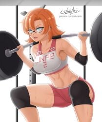 artist_name blue_eyes crop_top cslucaris glasses indoors lifting_weights muscular_female nora_valkyrie orange_hair rwby shorts signature viz_media workout workout_clothes