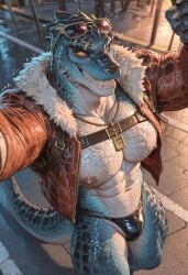 above_view antropomorph arms_up black_thong brown_jacket jacket lizardman male_only muscled nighttime outside scaly_skin slit smiling_at_viewer sunglasses_on_head thick_thighs thong