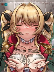 1girl artist_name azur_lane blacked_female blonde_hair blurry blurry_background blush body_writing breast_awe breasts bursting_breasts cleavage closed_eyes closed_mouth coat collarbone commentary detached_collar english_commentary epaulettes facial_tattoo fbi_ecchi gold_trim hair_between_eyes hair_intakes hair_ornament hands_up highres large_breasts nelson_(azur_lane) open_clothes open_coat paid_reward_available public_restroom queen_of_spades_symbol race_fetishism race_fetishism_symbol red_coat shadow solo tattoo toilet_stall twintails upper_body variant_set web_address