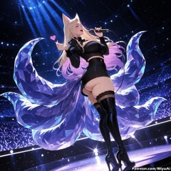 1girl ahri ahri_(league_of_legends) ai_assisted ai_generated animal_ears artist_name ass bangs black_footwear black_legwear blonde_hair boots breasts cat_ears cleavage closed_eyes curvaceous curvy curvy_female curvy_figure female full_body heart high_heel_boots high_heels idol k/da_(league_of_legends) large_breasts league_of_legends long_hair microphone miniskirt miyuai music night night_sky open_mouth shooting_star singing skirt sky smile solo space standing star_(sky) starry_sky tail thick thick_ass thick_butt thick_hips thick_legs thick_thighs thigh_boots thighhighs vastaya voluptuous voluptuous_female whisker_markings wide_hips wide_thighs