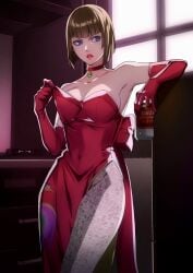 1girls anna_williams armpits big_breasts breasts breasts_out brown_eyes brown_hair brown_pantyhose cleavage clothes_lift dress female large_breasts medium_breasts pantyhose red_dress short_hair tekken
