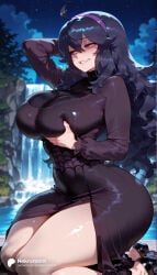 1girl 1girls absurd_res absurdres ahoge ai_generated alternate_breast_size arm_behind_head arm_up ass big_ass big_breasts black_dress black_footwear black_hair blush breasts covered_nipples curvy dress female female_focus grabbing_own_breast grin hair_between_eyes hairband hex_maniac hex_maniac_(pokemon_legends:_z-a) hex_maniac_(pokemon_xy) hi_res high_heels high_quality high_resolution highres huge_breasts kneeling large_ass large_breasts lips long_dress long_hair long_sleeves messy_hair nekromant night night_sky outdoors parted_lips pokemon pokemon_rse pokemon_xy purple_eyes purple_hair purple_hairband sky smile solo solo_focus star_(sky) straight taut_dress teeth thick_thighs thighs water wet wide_hips